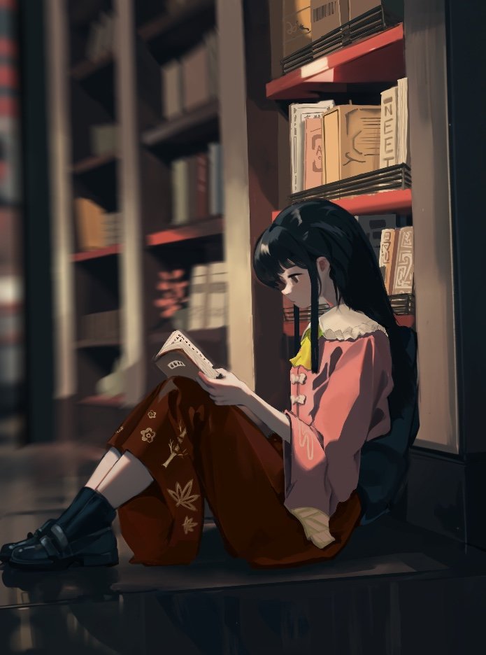 1girl ascot black_eyes black_footwear black_hair black_socks book bookshelf bow closed_mouth collared_shirt commentary expressionless frilled_shirt_collar frills from_side full_body gyokuromls holding holding_book houraisan_kaguya indoors long_hair long_sleeves open_book pink_shirt reading red_skirt reflection reflective_floor shirt shoes sidelocks skirt socks solo touhou white_bow wide_sleeves wooden_floor yellow_ascot