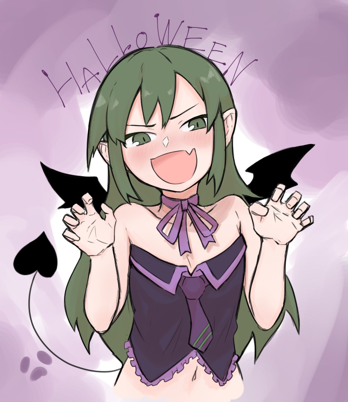 1girl alternate_hairstyle bare_arms bare_shoulders bat_wings blush bow bowtie bustier choker collarbone commentary_request corset costume d. demon_tail eyebrows_visible_through_hair fangs flat_chest green_eyes green_hair hair_down halloween highres igarashi_futaba_(shiromanta) looking_at_viewer medium_hair midriff navel neck_ribbon open_mouth outstretched_hand paw_pose pointy_ears ribbon ribbon_choker senpai_ga_uzai_kouhai_no_hanashi sleeveless smile solo tail vampire vampire_costume wings