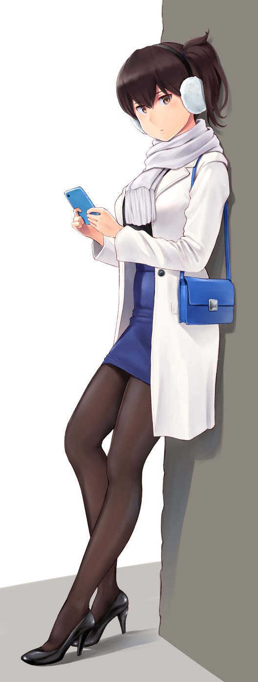 1girl alternate_costume bag bangs black_footwear blue_dress blush breasts brown_eyes brown_hair brown_legwear cellphone closed_mouth coat dress earmuffs high_heels highres holding holding_phone kaga_(kantai_collection) kantai_collection leaning open_clothes open_coat pantyhose phone scarf short_hair shoulder_bag side_ponytail smartphone solo standing wa_(genryusui) white_coat white_scarf