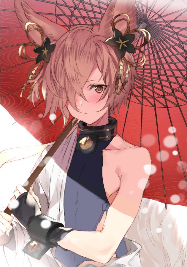 animal_ears backless_outfit blush doushite erune fox_boy fox_ears granblue_fantasy hair_ornament hair_over_one_eye kou_(granblue_fantasy) looking_at_viewer male_focus umbrella