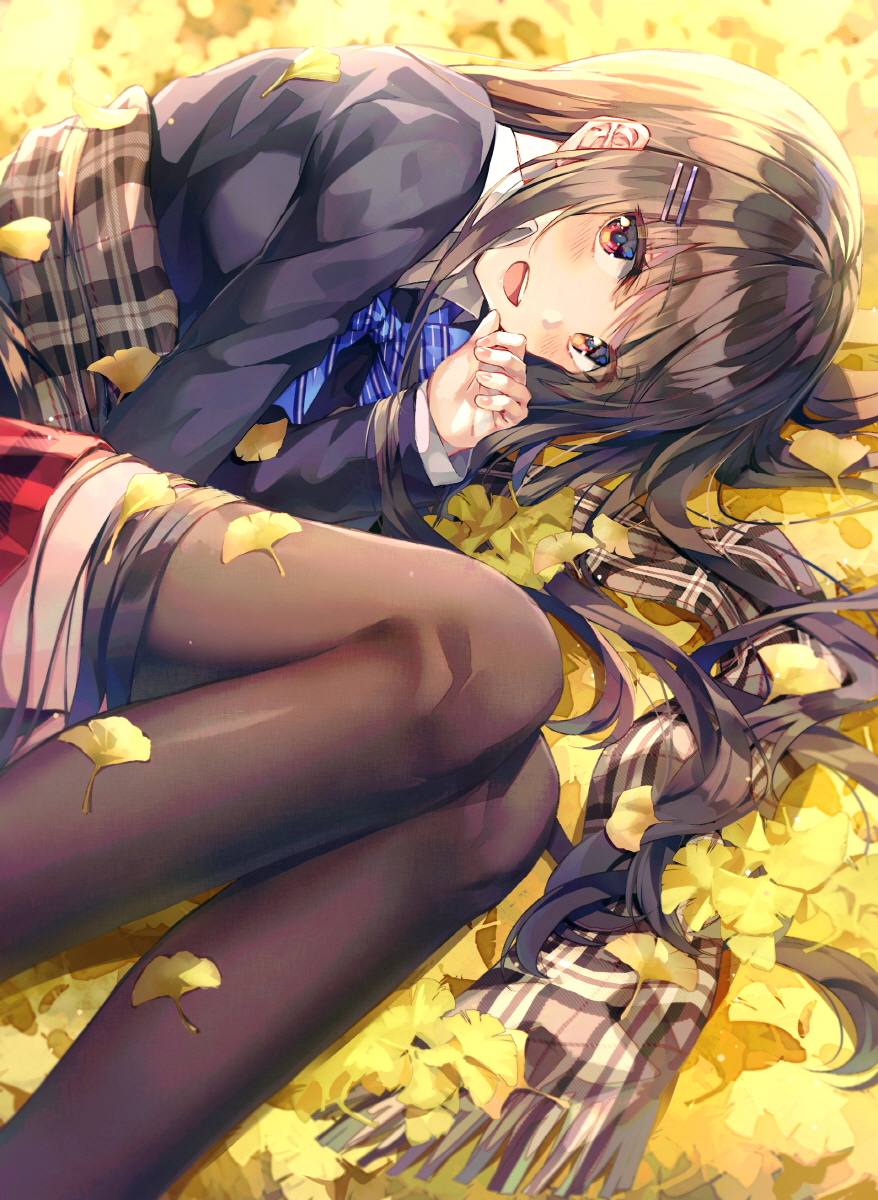 1girl :d bangs black_legwear blazer blue_neckwear blush bow brown_hair collared_shirt eyebrows_visible_through_hair eyes_visible_through_hair feet_out_of_frame fingernails ginkgo ginkgo_leaf hair_between_eyes hair_ornament hairclip highres huwali_(dnwls3010) jacket long_hair long_sleeves looking_at_viewer lying on_side open_mouth original outdoors plaid plaid_scarf plaid_skirt pleated_skirt red_eyes red_skirt scarf school_uniform shirt skirt smile solo teeth thigh-highs white_shirt