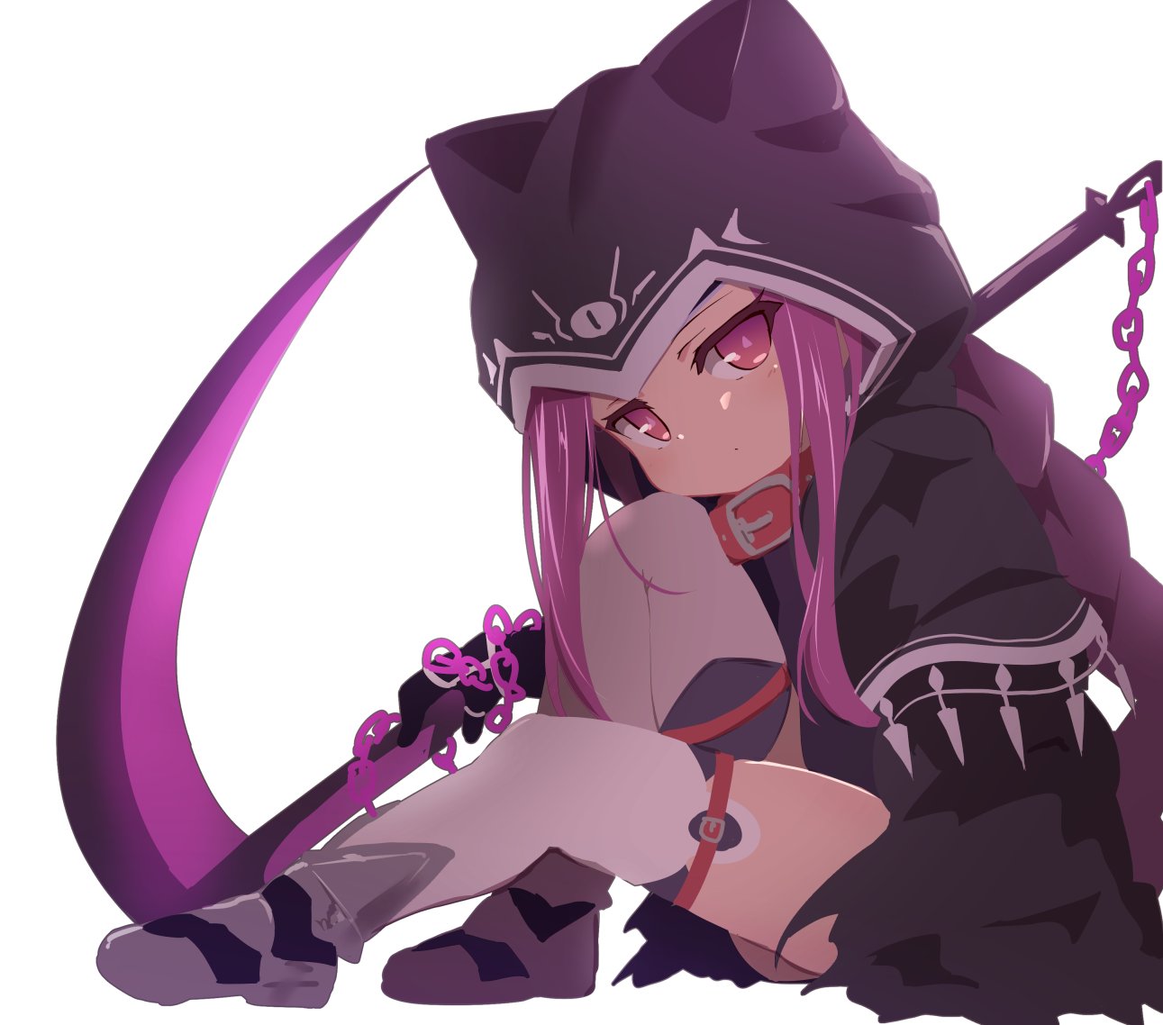 1girl baku-p black_cape black_capelet black_gloves black_leotard boots braid cape capelet collar expressionless fate/grand_order fate_(series) from_side gloves good leotard long_braid long_hair looking_at_viewer medusa_(lancer)_(fate) ponytail purple_hair scythe simple_background sitting solo thigh-highs thigh_strap very_long_hair violet_eyes weapon white_background white_legwear