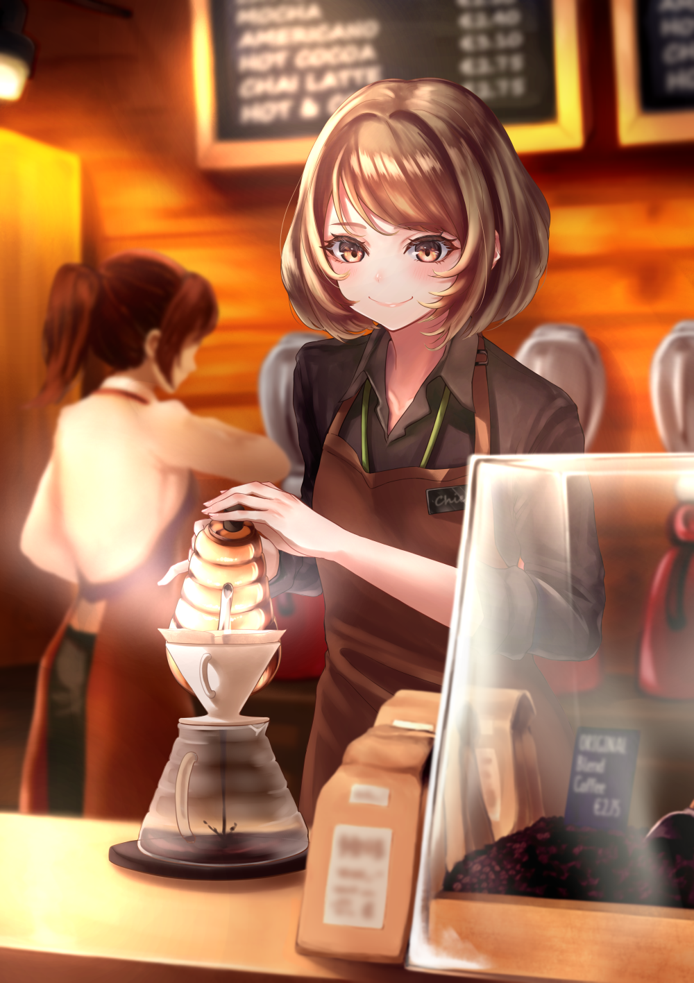 2girls apron blurry blurry_background blush brown_hair caocaogelato coffee counter cup display_case highres indoors multiple_girls original ponytail pouring short_hair sign smile solo_focus