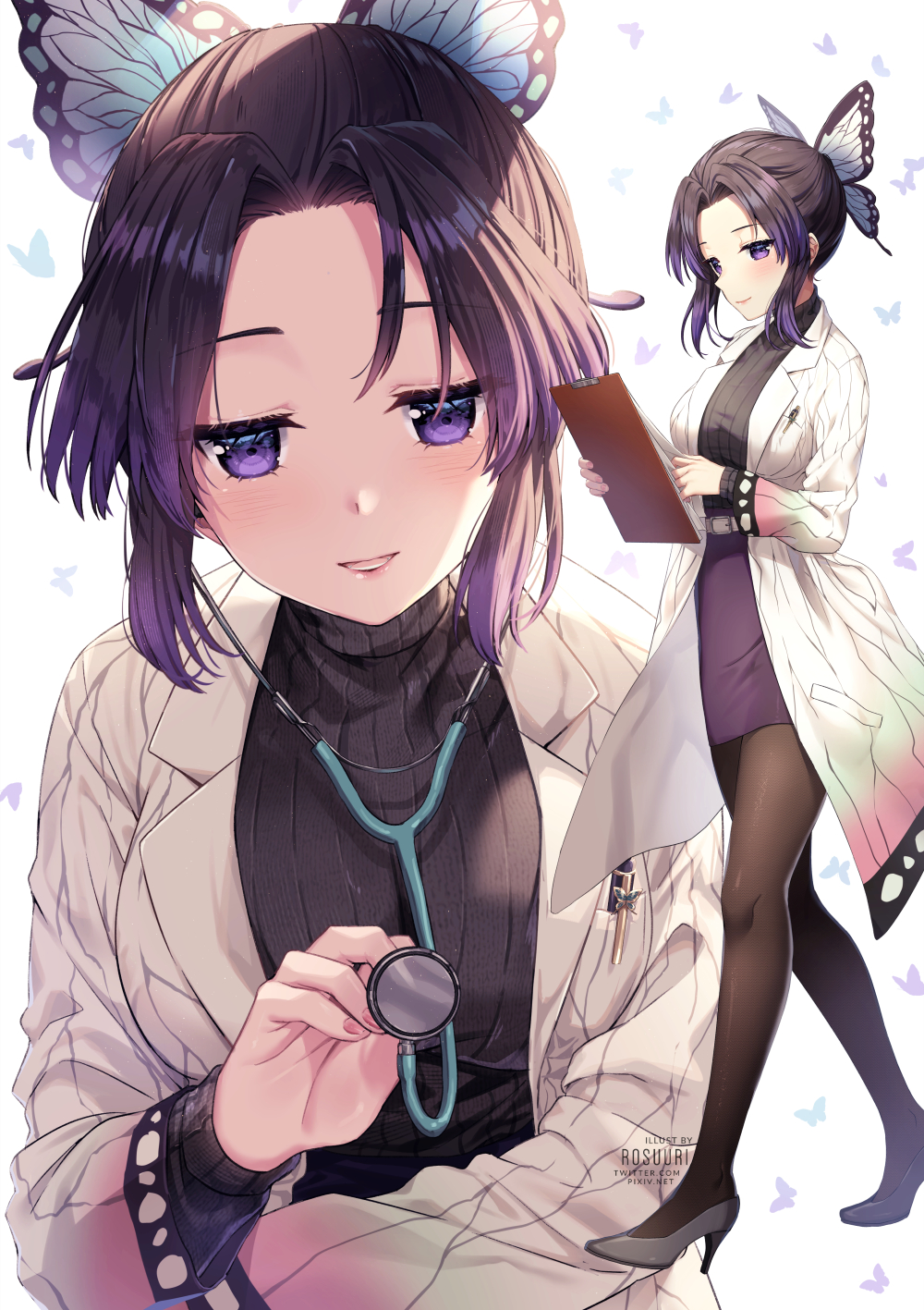 1girl artist_name bangs black_hair black_sweater blush breasts brown_legwear bug butterfly butterfly_hair_ornament clipboard commentary_request eyebrows_visible_through_hair forehead gradient_hair grey_footwear hair_ornament high_heels highres holding insect kimetsu_no_yaiba kochou_shinobu labcoat long_sleeves looking_at_viewer medium_breasts multicolored_hair multiple_views open_clothes pantyhose parted_bangs parted_lips pencil_skirt purple_hair purple_skirt ribbed_sweater rosuuri shoes simple_background skirt stethoscope sweater violet_eyes watermark web_address white_background