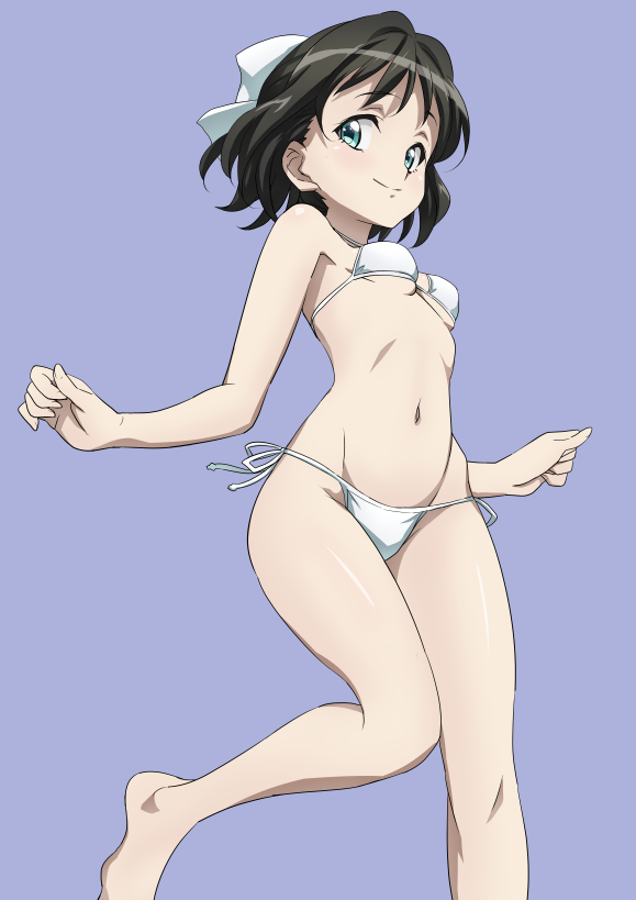 1girl bare_shoulders barefoot bikini black_hair breasts from_below fujikawa_daichi green_eyes hair_ribbon kohinata_miku looking_at_viewer navel ribbon senki_zesshou_symphogear short_hair side-tie_bikini simple_background small_breasts smile solo swimsuit white_bikini