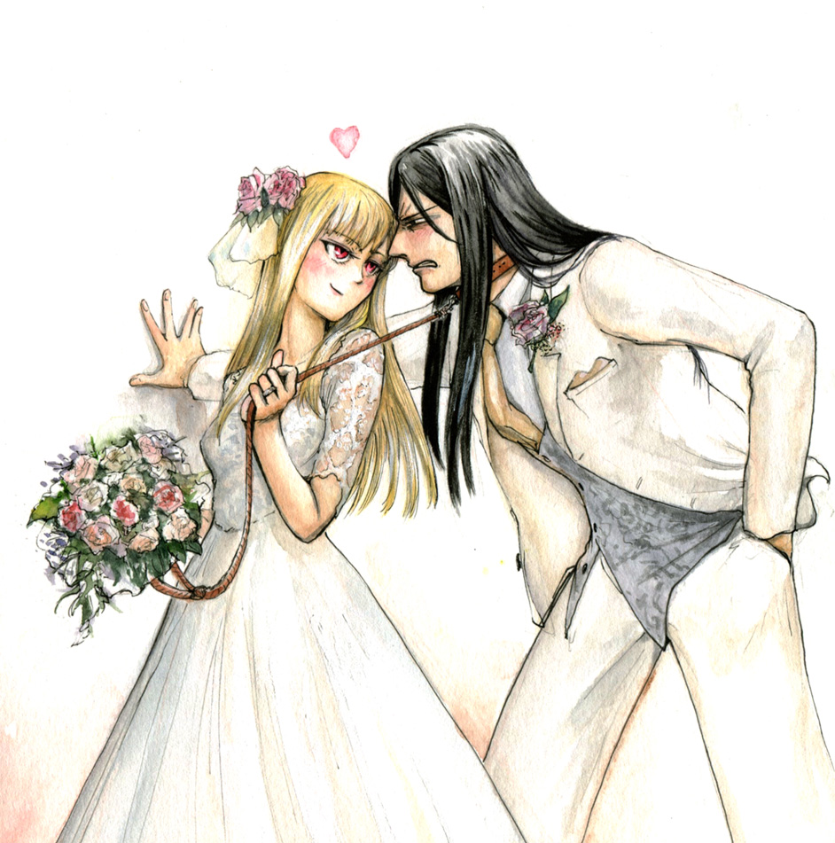 1boy 1girl black_hair blonde_hair blush bouquet calligraphy_brush_(medium) collar commentary_request dress eye_contact eyebrows_visible_through_hair fate/grand_order fate_(series) flower formal frank_leung grey_vest hair_flower hair_ornament hand_in_pocket hand_on_wall heart jacket jewelry leash leash_pull long_hair looking_at_another lord_el-melloi_ii lord_el-melloi_ii_case_files millipen_(medium) pants pink_flower pink_rose red_eyes reines_el-melloi_archisorte ring rose scowl simple_background smirk suit traditional_media tuxedo vest watercolor_(medium) waver_velvet wedding_band wedding_dress white_background white_flower white_jacket white_pants white_rose white_suit