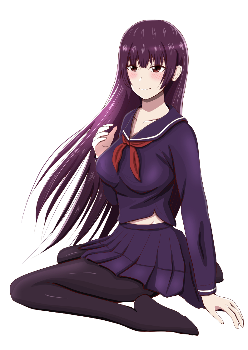 1girl blush breasts groin kanoe_yuuko large_breasts long_hair midriff_peek moepush pantyhose purple_hair purple_skirt red_eyes school_uniform serafuku sitting skirt smile solo tasogare_otome_x_amnesia white_background yokozuwari