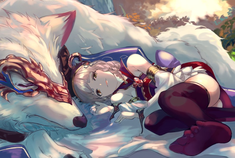 1girl bangs bare_shoulders beret black_headwear blunt_bangs braid brown_eyes closed_eyes detached_sleeves feet granblue_fantasy hair_ornament hakutaku_(granblue_fantasy) hat lying multiple_braids no_shoes nos on_side pholia short_eyebrows silver_hair thick_eyebrows thigh-highs white_wolf wolf