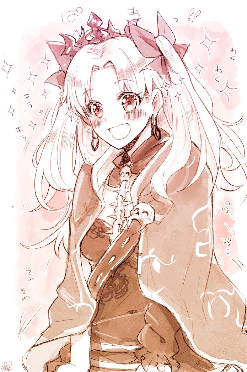 1girl aruti blush cape earrings ereshkigal_(fate/grand_order) excited expressive_clothes fate/grand_order fate_(series) jewelry monochrome open_mouth sparkle tiara traditional_media twintails
