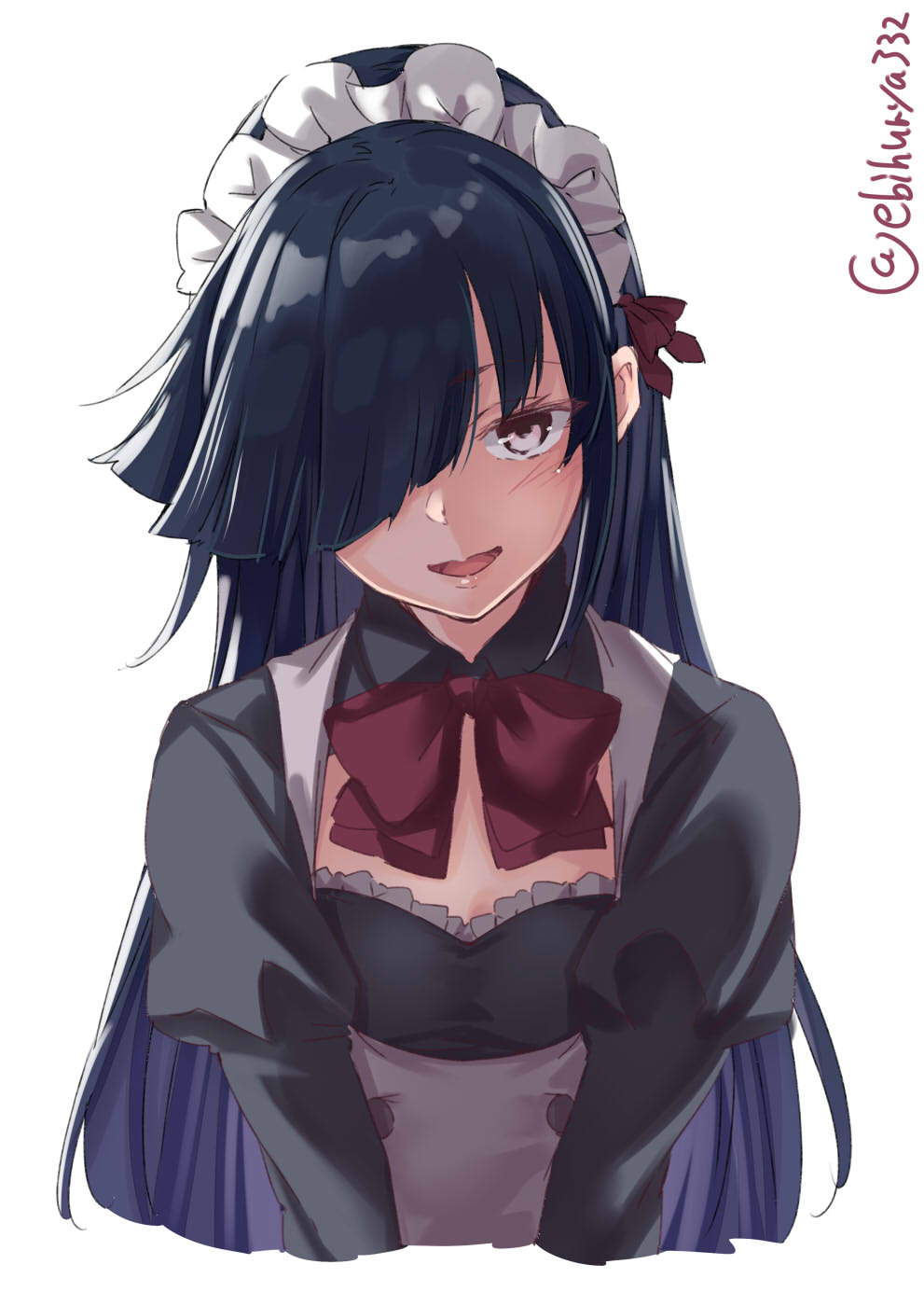 1girl alternate_costume apron black_hair bow bowtie dress ebifurya frills hair_over_one_eye hayashimo_(kantai_collection) highres kantai_collection long_hair long_sleeves looking_at_viewer maid maid_apron maid_headdress open_mouth simple_background smile solo twitter_username very_long_hair white_background