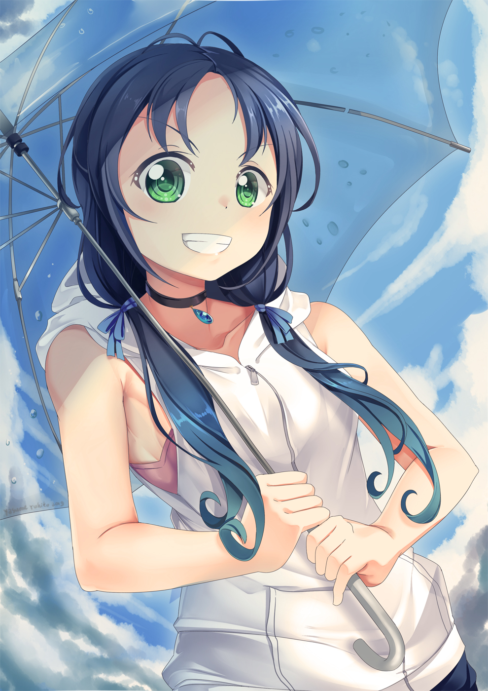 1girl amano_hina_(tenki_no_ko) amano_hina_(tenki_no_ko)_(cosplay) bare_arms black_choker blue_hair blue_sky choker clouds collarbone cosplay day green_eyes grin highres holding holding_umbrella hood hood_down hooded_jacket hoodie jacket kantai_collection long_hair low-cut_armhole low_twintails outdoors sky sleeveless sleeveless_hoodie sleeveless_jacket smile solo suzukaze_(kantai_collection) tenki_no_ko twintails umbrella upper_body white_hoodie white_jacket yasume_yukito zipper zipper_pull_tab