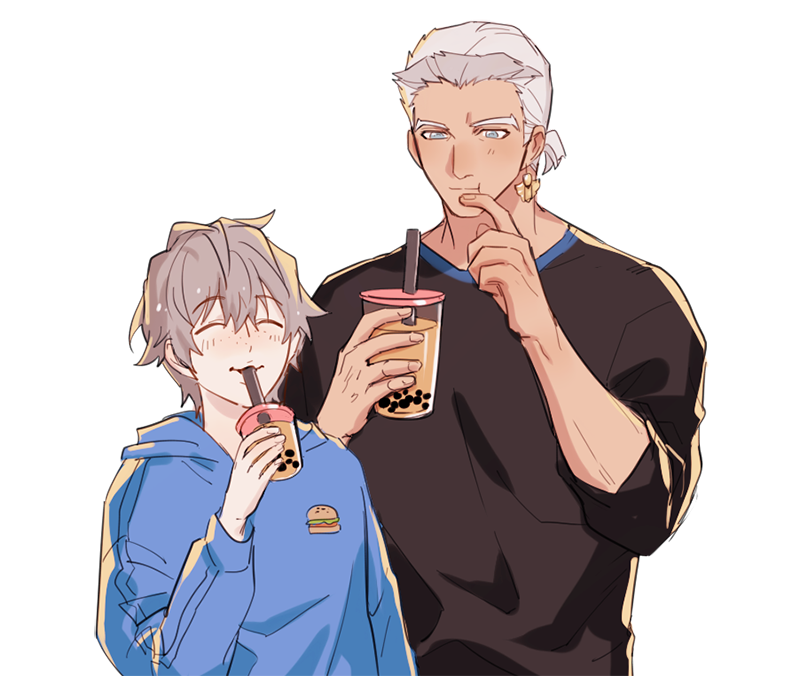 2boys alternate_costume ashe_ubert black_shirt blue_eyes bubble_tea closed_eyes contemporary cowboy_shot dedue_molinaro drinking drinking_straw earrings eyebrows_visible_through_hair fire_emblem fire_emblem:_three_houses freckles guiyuy hand_to_own_mouth hood hoodie jewelry long_sleeves multiple_boys shirt short_hair short_sleeves silver_hair simple_background smile white_background