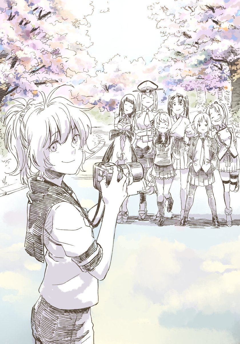 6+girls :3 akitsushima_(kantai_collection) antenna_hair aoba_(kantai_collection) blush breasts bunny_hair_ornament camera closed_eyes graf_zeppelin_(kantai_collection) greyscale hair_ornament hair_ribbon hair_scrunchie hat highres holding holding_camera japanese_clothes kantai_collection long_hair long_sleeves low-tied_long_hair military military_uniform mizuho_(kantai_collection) monochrome multiple_girls necktie open_mouth outdoors peaked_cap pleated_skirt ponytail ribbon sailor_collar school_uniform scrunchie serafuku short_hair short_sleeves shorts side_ponytail skirt smile spot_color tree twintails uniform uyama_hajime uzuki_(kantai_collection) wakaba_(kantai_collection) wavy_mouth zuikaku_(kantai_collection)