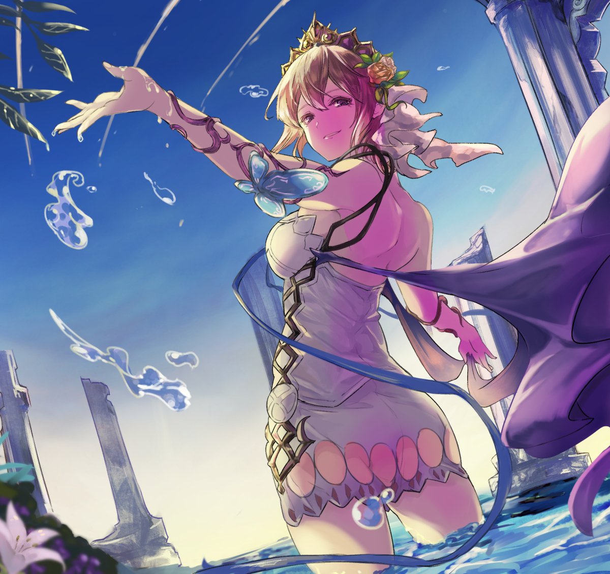 1girl bare_shoulders blonde_hair brown_eyes butterfly_ornament dress droplet europa_(granblue_fantasy) flower granblue_fantasy grin hair_flower hair_ornament leaf lily_(flower) looking_back nos pillar scarf short_hair smile solo tiara wading wet