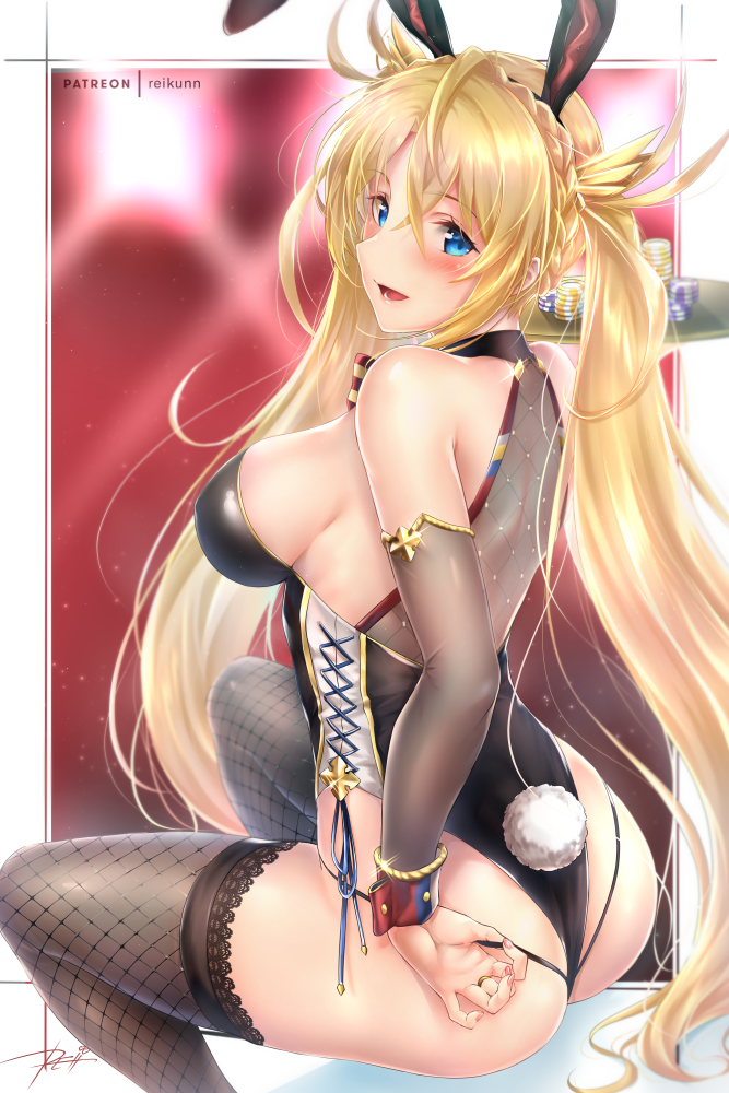 1girl animal_ears ass bangs bare_shoulders black_legwear blonde_hair blue_eyes blush bradamante_(fate/grand_order) braid breasts bridal_gauntlets bunny_tail bunnysuit detached_collar fake_animal_ears fate/grand_order fate_(series) french_braid hair_between_eyes large_breasts leotard long_hair looking_at_viewer open_mouth rabbit_ears rei_kun sitting smile solo tail thigh-highs thighs twintails very_long_hair wrist_cuffs