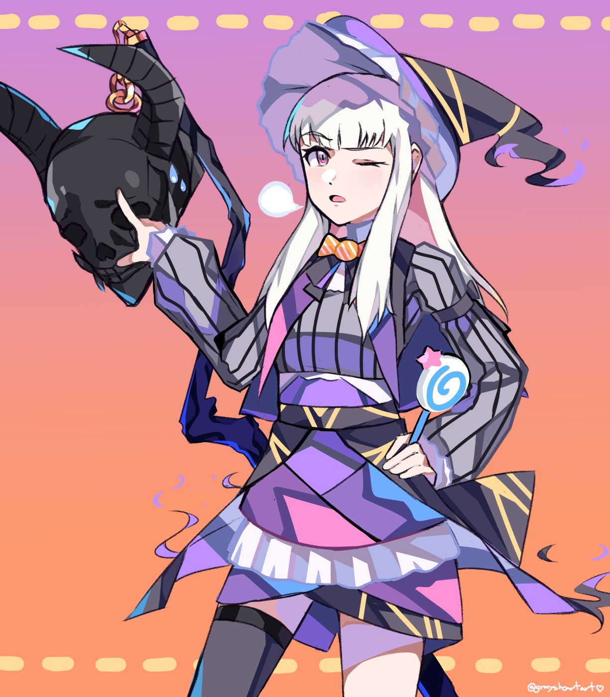 1girl candy death_knight_(fire_emblem) fire_emblem fire_emblem:_three_houses food gradient gradient_background graysheartart halloween_costume hat helmet highres holding_lollipop lollipop long_hair long_sleeves lysithea_von_ordelia one_eye_closed open_mouth pink_eyes simple_background twitter_username white_hair witch_hat