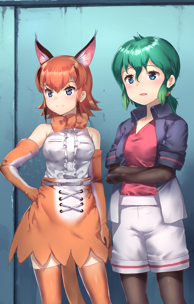 2girls bare_shoulders belt black_hair blue_eyes blush bow bowtie caracal_(kemono_friends) caracal_ears caracal_tail center_frills cowboy_shot cross-laced_clothes crossed_arms elbow_gloves eyebrows_visible_through_hair gloves green_hair hair_tie highres jacket kaban_(kemono_friends) kemono_friends legwear_under_shorts light_brown_hair long_hair multicolored_hair multiple_girls no_hat no_headwear older pantyhose ponytail short_sleeves shorts skirt sleeveless tadano_magu tail tearing_up thigh-highs zettai_ryouiki
