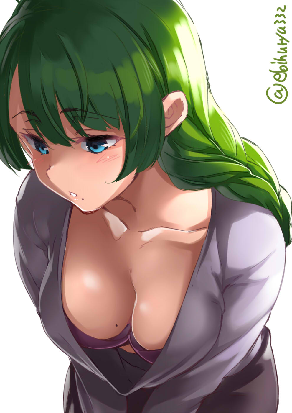 1girl ahoge alternate_costume backlighting blue_eyes blush braid breasts casual commentary_request ebifurya finger_to_mouth green_hair heart highres kantai_collection leaning_forward lips long_hair long_sleeves looking_down medium_breasts mole mole_on_breast mole_under_mouth parted_lips purple_shirt shiny shiny_skin shirt single_braid solo spoken_heart upper_body very_long_hair white_background white_shirt yuugumo_(kantai_collection)