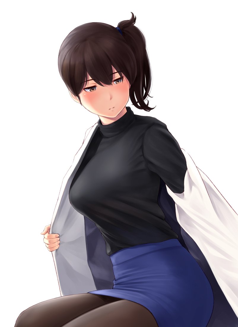 1girl alternate_costume bangs black_sweater blue_skirt blush breasts brown_eyes brown_hair brown_legwear contemporary kaga_(kantai_collection) kantai_collection large_breasts long_hair long_sleeves pantyhose side_ponytail simple_background sitting skirt solo sweater wa_(genryusui) white_background white_coat