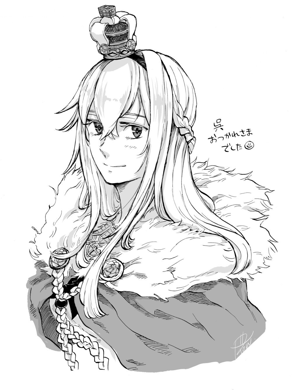 1girl bangs blush braid breasts cape closed_mouth commentary_request cropped_torso crown flower french_braid fur-trimmed_cape fur_trim greyscale hair_between_eyes hair_ornament hair_over_one_eye hairband highres jewelry kantai_collection long_hair looking_at_viewer mini_crown monochrome necklace ribbon rose signature simple_background smile solo translation_request warspite_(kantai_collection) white_background yamada_rei_(rou)