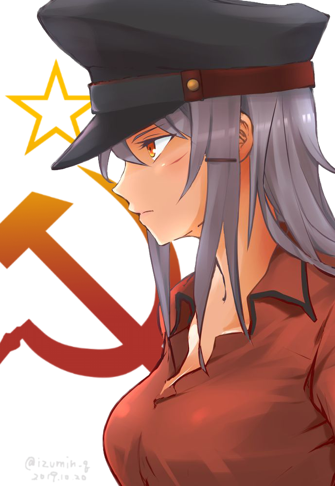 1girl breasts closed_mouth dated eyebrows_visible_through_hair gangut_(kantai_collection) grey_hair hammer_and_sickle hat izumikuma kantai_collection large_breasts long_hair military military_hat orange_eyes peaked_cap profile red_shirt shirt simple_background star twitter_username white_background