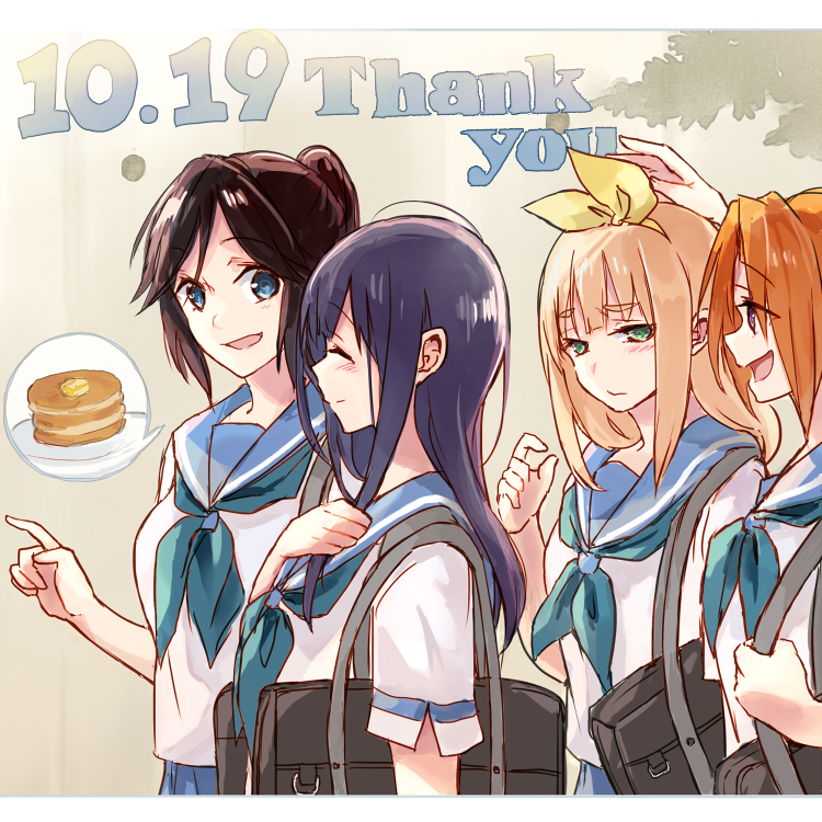 4girls bag black_hair blue_eyes blue_hair brown_hair dated food hair_ribbon headband hibike!_euphonium kasaki_nozomi light_brown_hair multiple_girls nakagawa_natsuki open_mouth pancake ponytail ribbon smile yoroizuka_mizore yoshikawa_yuuko yuuyu_(777)