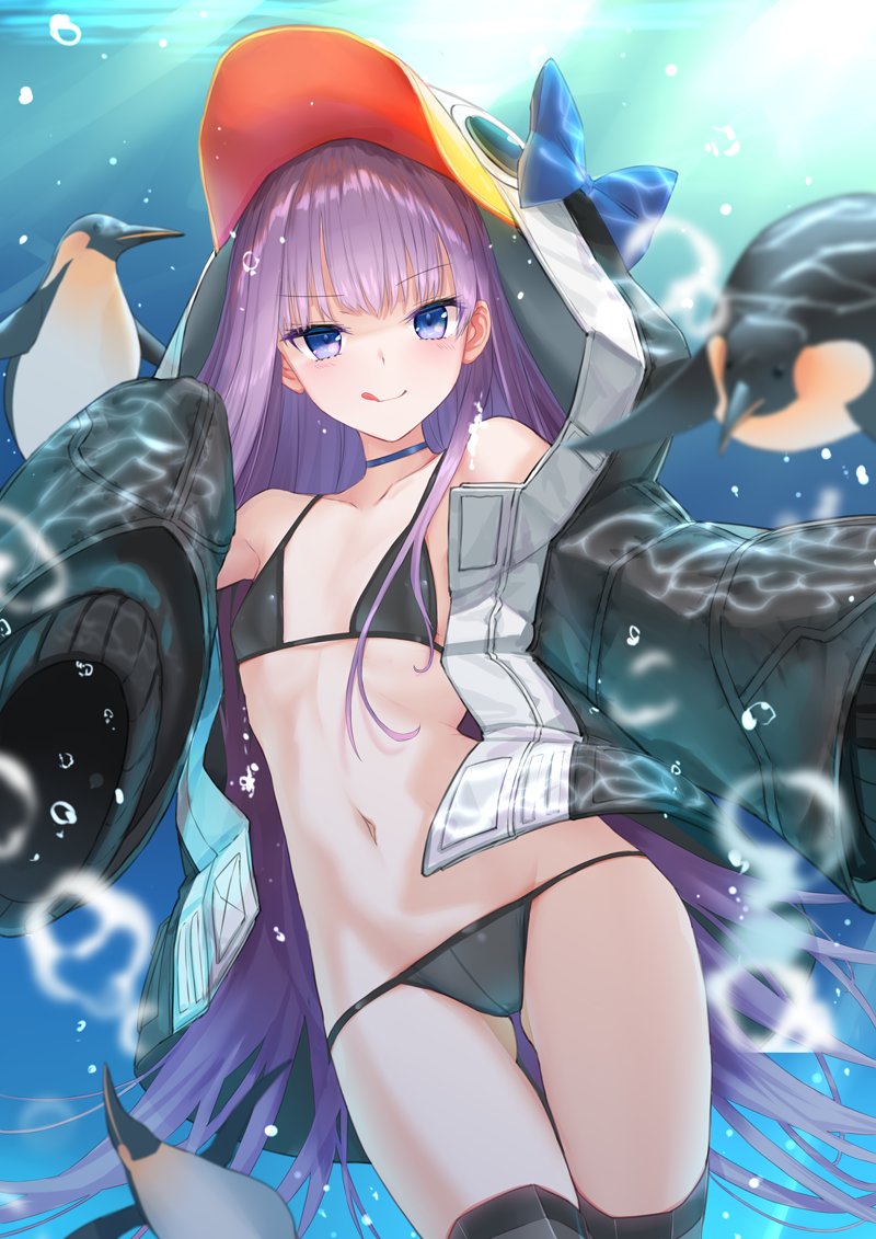 1girl air_bubble animal_hood bangs bare_shoulders bikini bird black_bikini black_jacket blue_bow blue_eyes bow breasts bubble choker closed_mouth collarbone eyebrows_visible_through_hair eyes_visible_through_hair fate/grand_order fate_(series) greaves hair_between_eyes hood jacket kachayori licking_lips long_hair long_sleeves looking_at_viewer meltryllis meltryllis_(swimsuit_lancer)_(fate) navel open_clothes open_jacket penguin penguin_hood purple_hair sleeves_past_fingers sleeves_past_wrists small_breasts smile solo swimming swimsuit thighs tongue tongue_out underwater very_long_hair