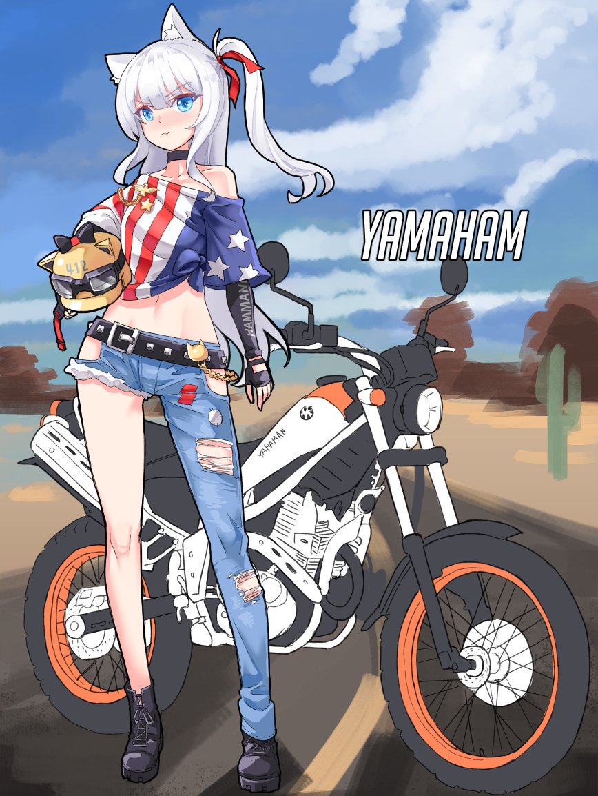 1girl alternate_costume american_flag_shirt animal_ear_fluff animal_ears asymmetrical_legwear azur_lane bangs bare_shoulders belt black_choker black_gloves blue_eyes blue_sky blush boots cactus cat_ears choker clouds collarbone commentary cutoff_jeans cutoffs day denim elbow_gloves embarrassed english_text eyebrows_visible_through_hair fingerless_gloves full_body gloves goggles goggles_on_headwear ground_vehicle hair_ribbon hammann_(azur_lane) helmet holding holding_helmet jeans looking_at_viewer midriff motor_vehicle motorcycle motorcycle_helmet navel nose_blush one_side_up outdoors pants phandit_thirathon red_ribbon ribbon road shirt shirt_slip sidelocks sky solo standing tied_shirt torn_clothes torn_jeans torn_pants white_hair yamaha