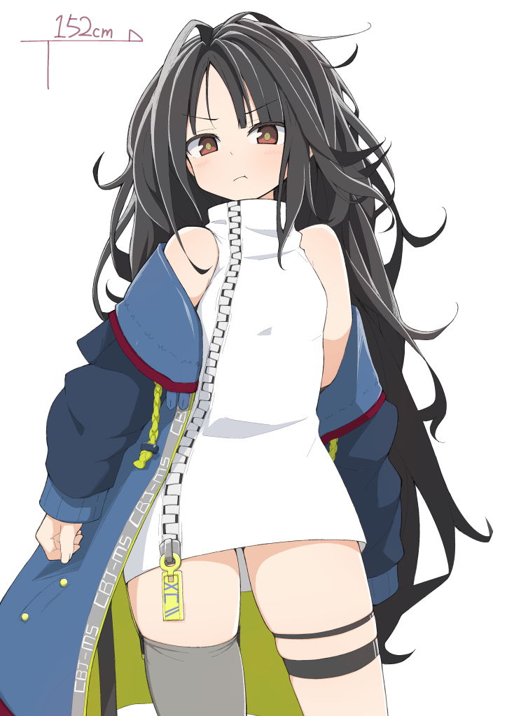 1girl bare_shoulders black_hair blush brown_eyes c-ms_(girls_frontline) closed_mouth clothes_writing coat dress eyebrows_visible_through_hair girls_frontline grey_legwear height_chart long_hair long_sleeves messy_hair microdress multicolored multicolored_clothes multicolored_coat off_shoulder pout salpin simple_background single_thighhigh skindentation sleeveless sleeveless_dress solo thigh-highs white_background white_dress zipper