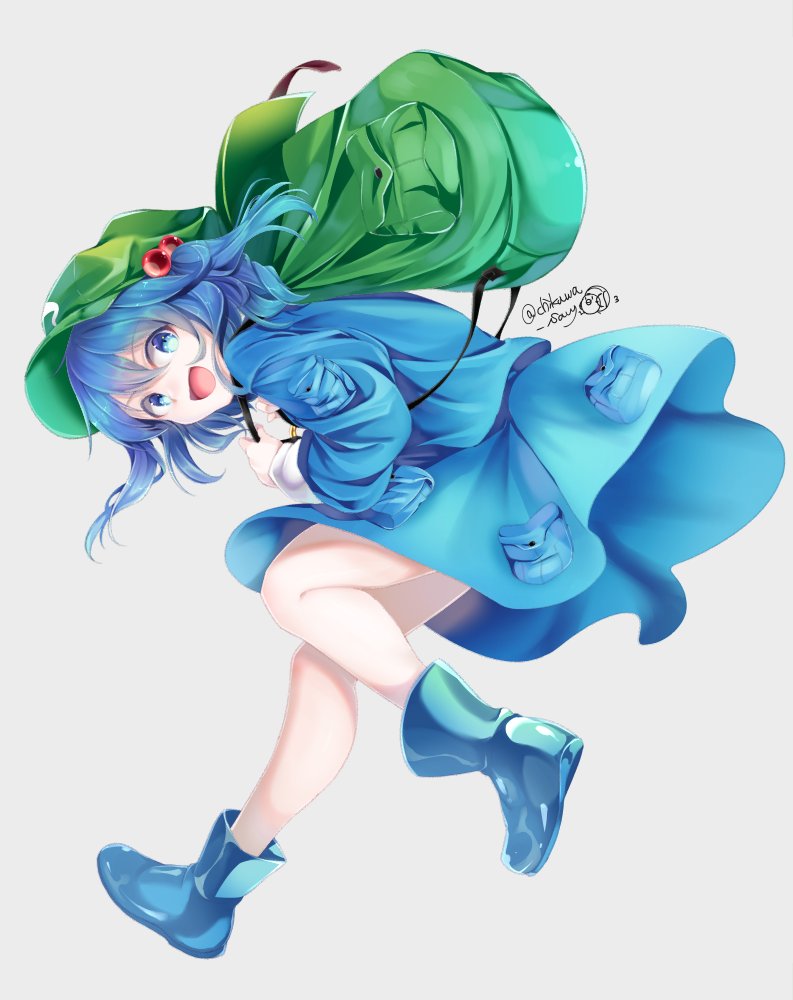 1girl :d artist_name backpack bag bangs blue_eyes blue_footwear blue_hair blue_jacket blue_skirt boots cabbie_hat chikuwa_savi commentary green_headwear grey_background hair_between_eyes hair_bobbles hair_ornament hat jacket kawashiro_nitori long_sleeves looking_at_viewer miniskirt open_mouth pocket rubber_boots short_hair simple_background skirt skirt_set smile solo touhou twitter_username two_side_up