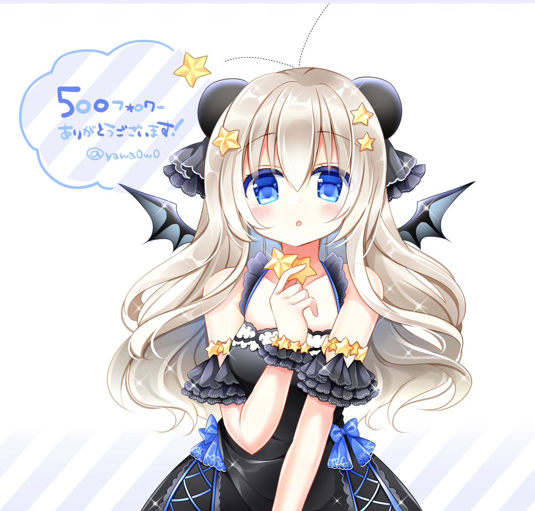 1girl :o animal_ears bangs bear_ears black_dress blue_bow blue_eyes blush bow breasts collarbone commentary_request demon_wings diagonal-striped_background diagonal_stripes dress eyebrows_visible_through_hair grey_wings hair_between_eyes hair_ornament holding_star light_brown_hair long_hair looking_at_viewer original parted_lips shikito sleeveless sleeveless_dress small_breasts solo star star_hair_ornament striped striped_background translated twitter_username upper_body very_long_hair white_background wings wrist_cuffs