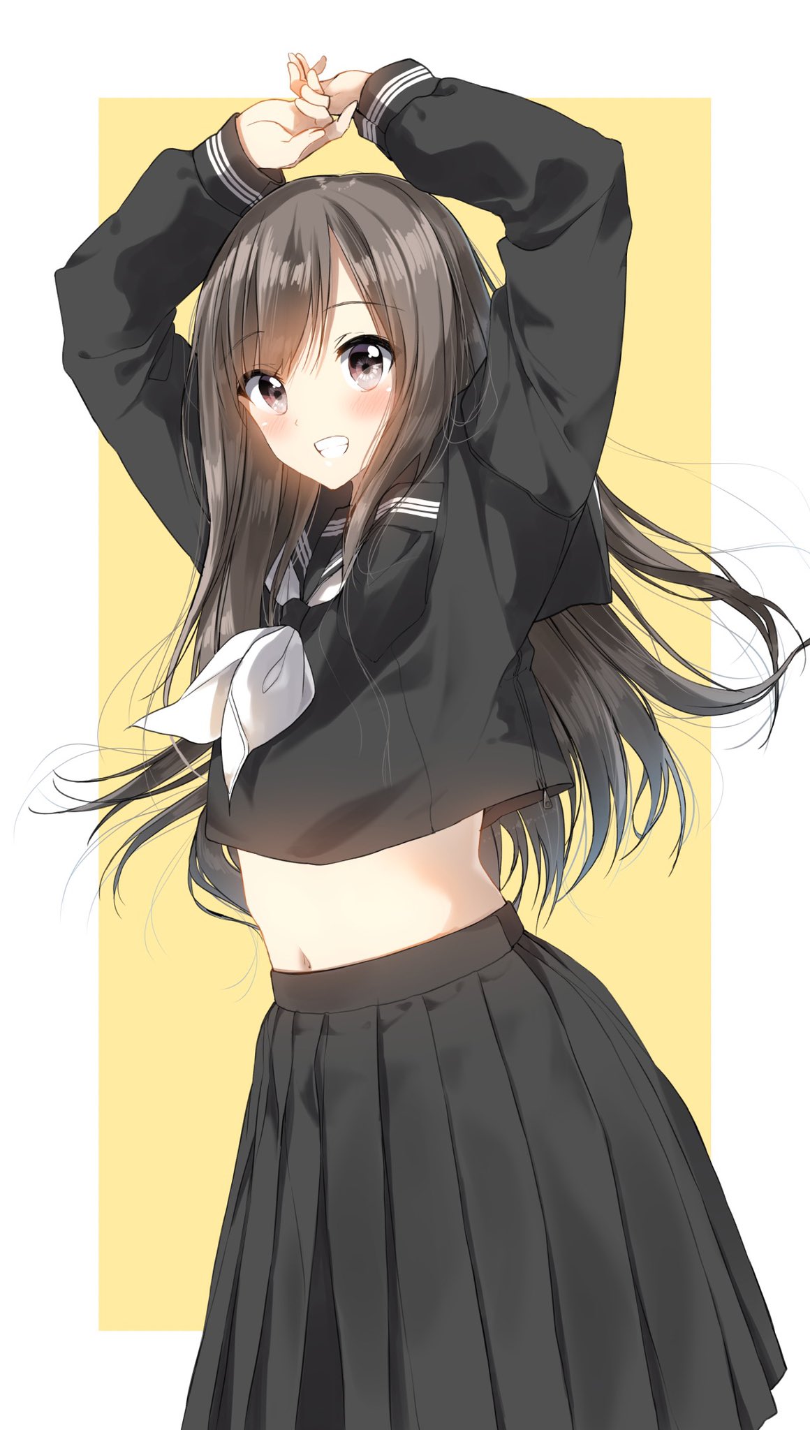 1girl arms_up bangs black_sailor_collar black_serafuku black_shirt black_skirt blush brown_eyes brown_hair commentary_request eyebrows_visible_through_hair grin highres long_hair long_sleeves looking_at_viewer navel neckerchief original pentagon_(railgun_ky1206) pleated_skirt sailor_collar school_uniform serafuku shirt skirt sleeves_past_wrists smile solo stomach two-tone_background very_long_hair white_background white_neckwear yellow_background