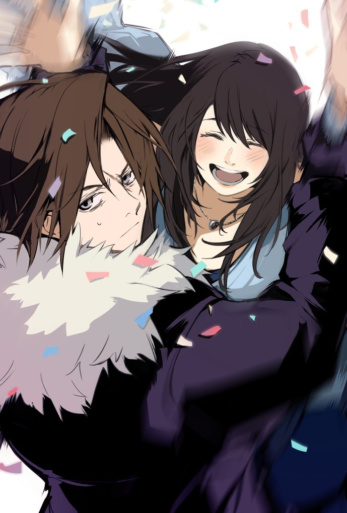 1boy 1girl arms_up black_gloves black_hair blurry blush brown_eyes brown_hair character_request closed_eyes closed_mouth confetti final_fantasy final_fantasy_viii fur_trim gloves hug jewelry long_hair lower_teeth necklace open_eyes open_mouth simple_background smile squall_leonhart sweat sweatdrop teeth upper_teeth white_background yumitoriaoi
