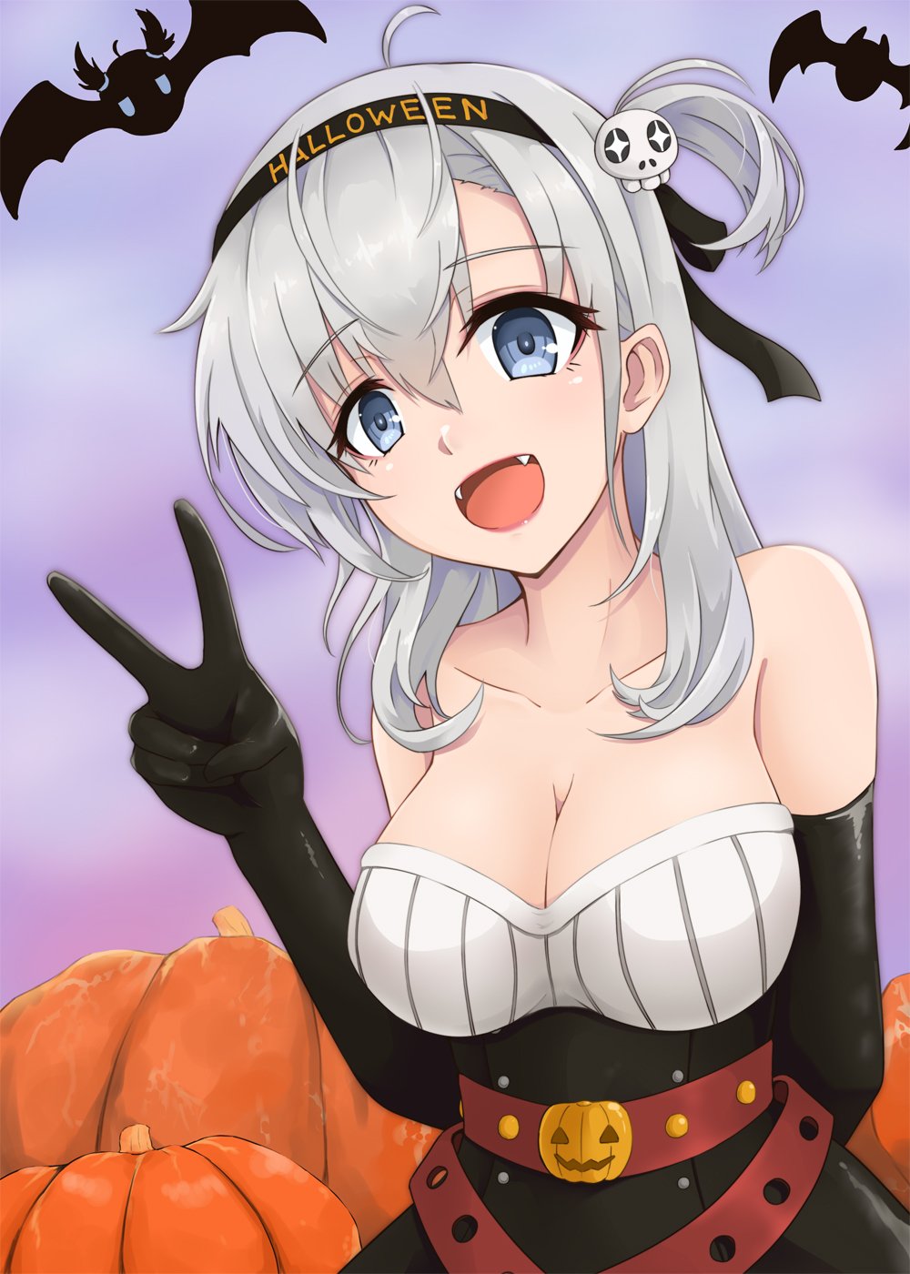 black_gloves breasts elbow_gloves fangs gloves grey_eyes hair_ornament halloween halloween_costume highres kantai_collection large_breasts medium_hair mmt_uf open_mouth pumpkin skull_hair_ornament strapless_shirt suzutsuki_(kantai_collection) v white_hair