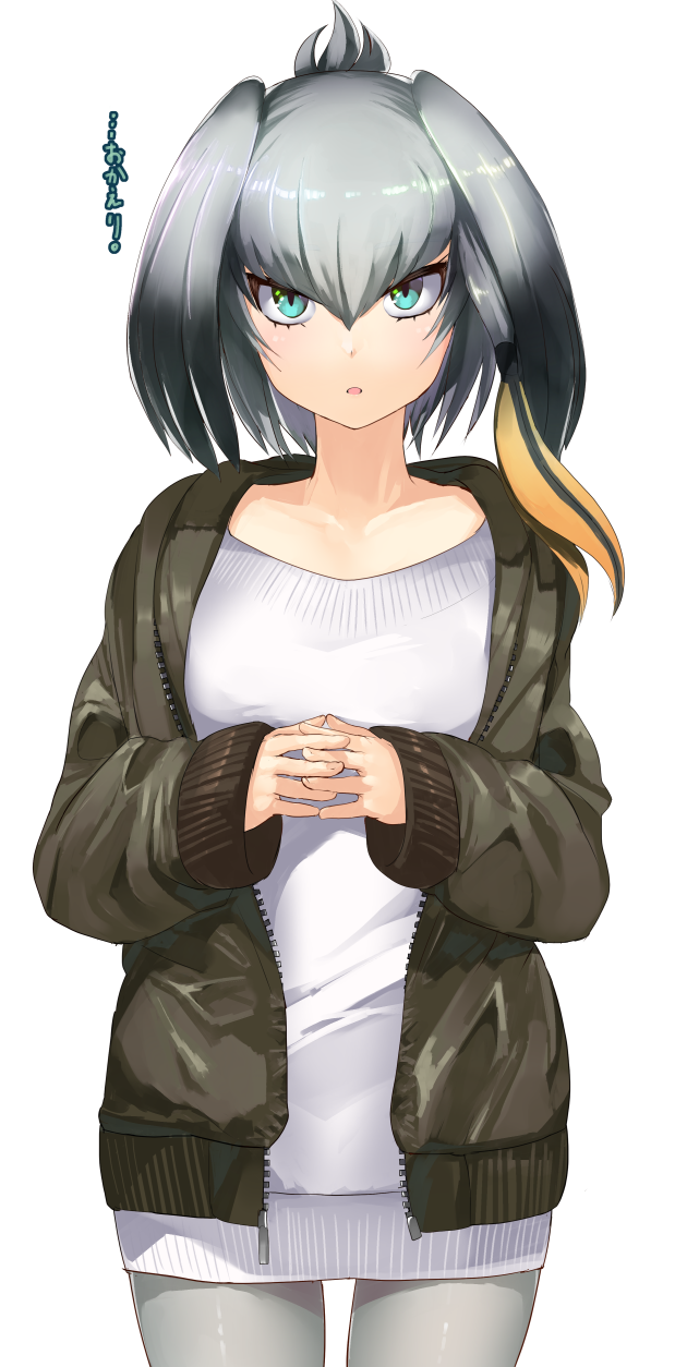 1girl aqua_eyes bangs black_hair casual collarbone contemporary cowboy_shot dress grey_hair grey_legwear hair_between_eyes hands_up highres interlocked_fingers jacket kemono_friends long_hair long_sleeves looking_at_viewer low_ponytail multicolored_hair open_clothes open_jacket open_mouth orange_hair own_hands_together pantyhose shiny shiny_hair shoebill_(kemono_friends) side_ponytail simple_background sleeves_past_wrists solo sweater sweater_dress tadano_magu translated white_background white_dress white_sweater