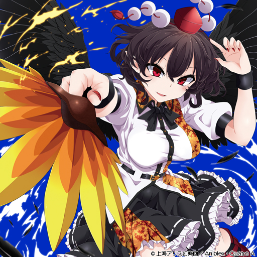 1girl :d bangs black_bow black_neckwear black_skirt black_wings blue_background blush bow bowtie breasts commentary_request cowboy_shot fan feathered_wings foreshortening hair_between_eyes hand_up holding holding_fan leaf_fan looking_at_viewer medium_breasts miniskirt nail_polish open_mouth petticoat pointy_ears puffy_short_sleeves puffy_sleeves red_nails rihito_(usazukin) shameimaru_aya shirt short_sleeves simple_background skirt smile solo touhou touhou_cannonball white_shirt wings wristband