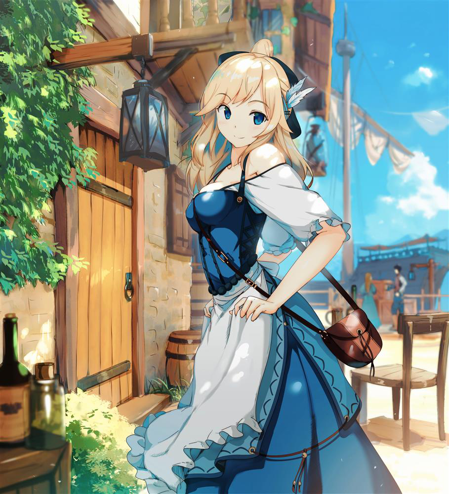 1boy 2girls apron bag barrel blonde_hair blue_eyes blurry boat bodice bottle bow breasts chair clouds commentary depth_of_field door fantasy feathers grass hair_bow hair_feathers handbag hands_on_hips high_ponytail house lantern large_breasts long_hair looking_to_the_side multiple_girls original outdoors plant sailboat ship skirt sky smile town vines waist_apron watercraft yoshitake