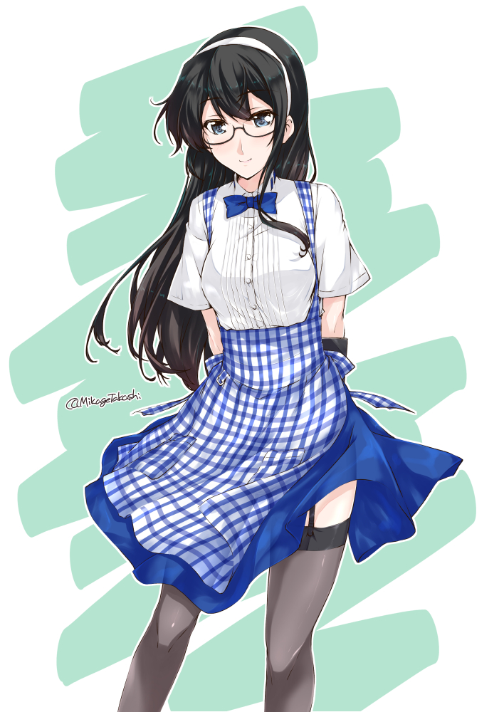 1girl apron arms_behind_back black_hair black_legwear blue_apron blue_bow blue_eyes blue_neckwear blue_skirt bow bowtie garter_straps gingham gingham_apron glasses hairband kantai_collection kobeya koubeya_uniform long_hair mikage_takashi ooyodo_(kantai_collection) plaid plaid_apron semi-rimless_eyewear skirt solo thigh-highs twitter_username under-rim_eyewear waitress