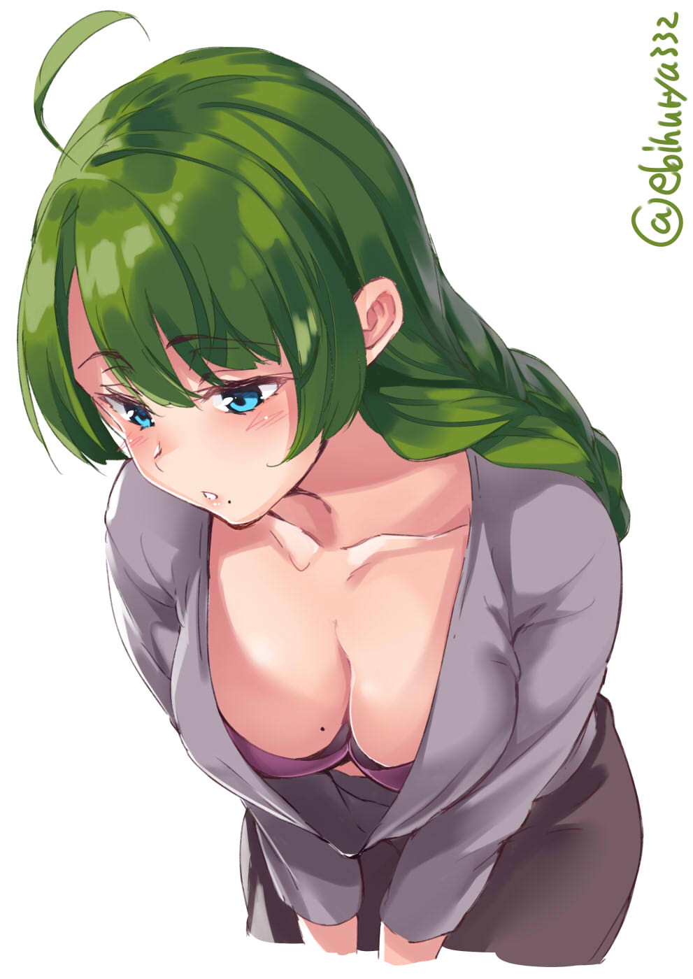 1girl ahoge alternate_costume blue_eyes blush braid breasts casual commentary_request ebifurya finger_to_mouth green_hair heart highres kantai_collection leaning_forward lips long_hair looking_down medium_breasts mole mole_on_breast mole_under_mouth parted_lips purple_shirt shirt single_braid smile solo spoken_heart upper_body very_long_hair white_background white_shirt yuugumo_(kantai_collection)