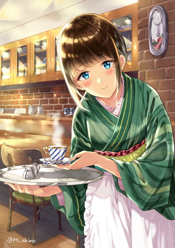 1girl apron black_hair blush brick_wall cafe chair clock coffee coffee_cup coffee_pot coffee_wo_shizuka_ni commentary cover cover_page cup disposable_cup indoors japanese_clothes kimono leaning_forward light light_smile looking_at_viewer miyabi_akino mole mole_under_eye official_art shadow short_hair sidelocks signature solo steam sugar_bowl twitter_username waist_apron waitress wooden_floor