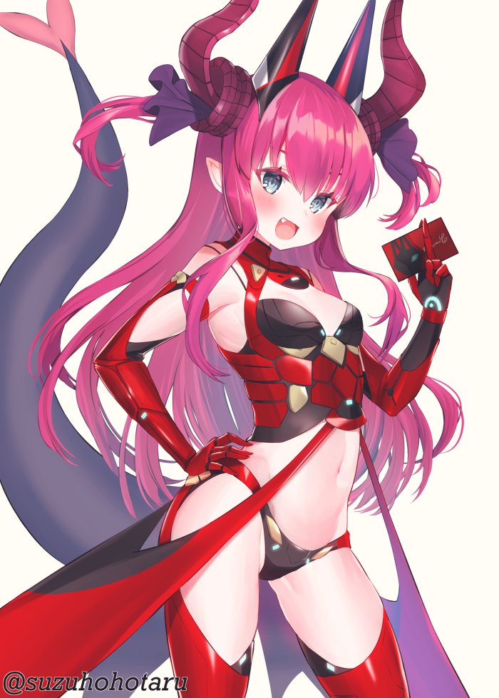 1girl :d bangs bare_shoulders between_fingers blue_eyes blush breasts brown_background card commentary_request contrapposto crop_top curled_horns dragon_girl dragon_horns dragon_tail elbow_gloves elizabeth_bathory_(fate) elizabeth_bathory_(fate)_(all) eyebrows_behind_hair fang fate/grand_order fate_(series) gloves groin hair_between_eyes hair_ribbon hand_on_hip headgear holding holding_card horns long_hair long_tail looking_at_viewer navel open_mouth pink_hair purple_ribbon red_gloves ribbon simple_background small_breasts smile solo suzuho_hotaru tail tail_raised twitter_username two_side_up very_long_hair