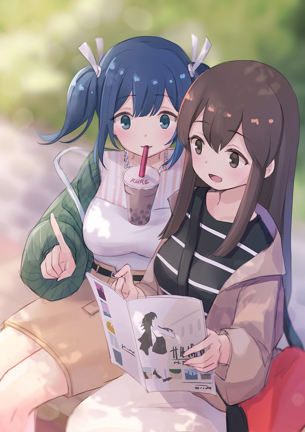 2girls :3 akagi_(kantai_collection) bag bangs belt blue_eyes blue_hair blurry blurry_background blush book breasts brown_eyes brown_hair bubble_tea bubble_tea_challenge cup day disposable_cup drinking_straw emia_wang eyebrows_visible_through_hair hair_ribbon handbag highres holding holding_book index_finger_raised jacket kantai_collection large_breasts long_hair long_sleeves medium_breasts multiple_girls object_on_breast open_mouth outdoors pointing ribbon shirt sidelocks sitting souryuu_(kantai_collection)