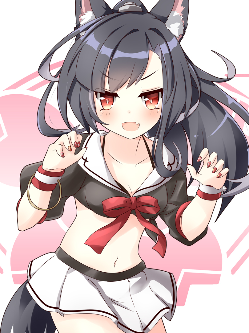 1girl :d animal_ear_fluff animal_ears azur_lane black_bra black_hair black_shirt bra breasts claw_pose collarbone commentary_request cowboy_shot crop_top fang gudon_(iukhzl) long_hair looking_at_viewer medium_breasts midriff miniskirt nail_polish navel open_mouth ponytail red_eyes red_nails red_ribbon ribbon sailor_collar shigure_(azur_lane) shirt short_sleeves skirt smile solo sweatband tail underwear v-shaped_eyebrows white_skirt wolf_ears wolf_girl wolf_tail