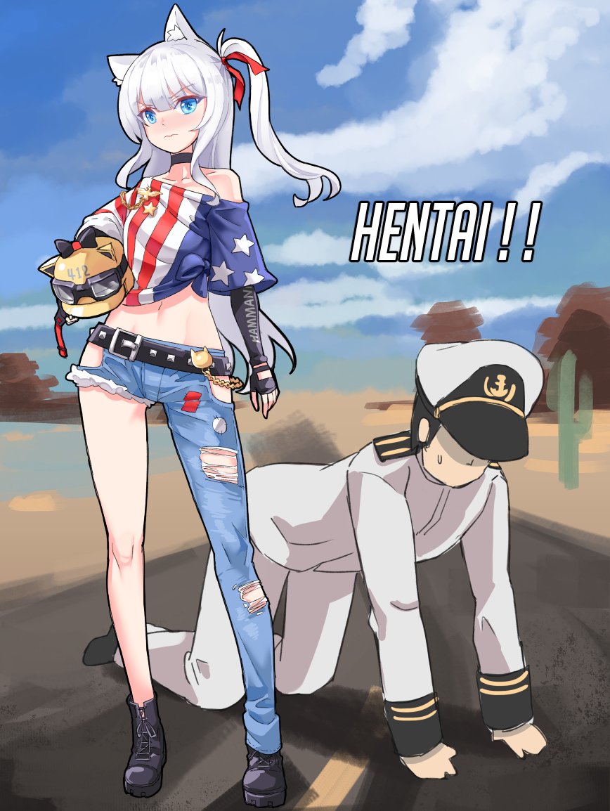 1boy 1girl all_fours alternate_costume american_flag_shirt animal_ear_fluff animal_ears asymmetrical_legwear azur_lane bangs bare_shoulders belt black_choker black_gloves blue_eyes blue_sky blush boots cactus cat_ears choker clouds collarbone commander_(azur_lane) cutoff_jeans cutoffs day denim elbow_gloves embarrassed english_text eyebrows_visible_through_hair fingerless_gloves full_body gloves goggles goggles_on_headwear hair_ribbon hammann_(azur_lane) helmet holding holding_helmet jeans looking_at_viewer midriff military military_uniform motorcycle_helmet navel nose_blush one_side_up outdoors pants phandit_thirathon red_ribbon ribbon road shaded_face shirt shirt_slip sidelocks sky standing sweatdrop tied_shirt torn_clothes torn_jeans torn_pants uniform white_hair