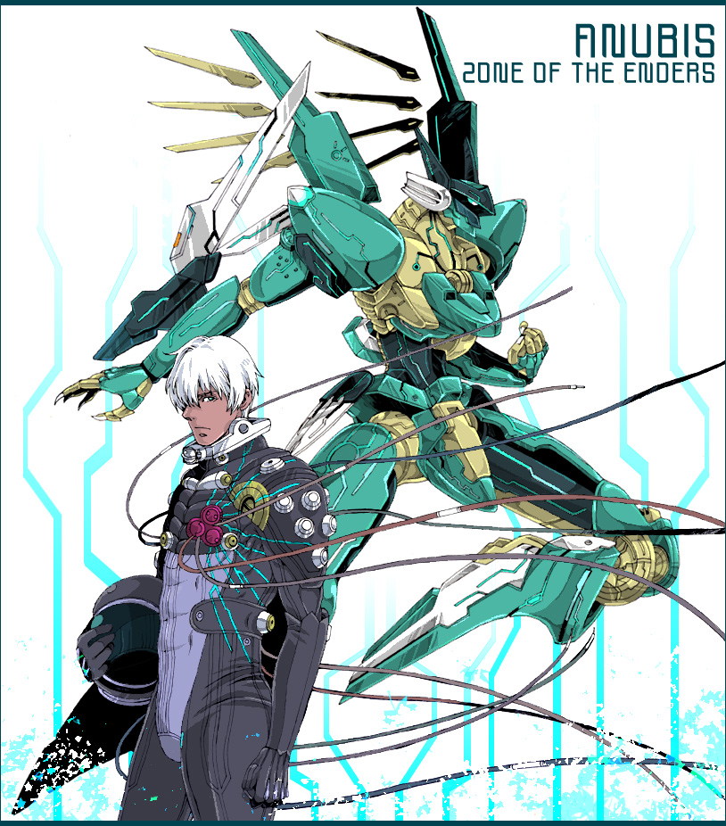 1boy anubis_(z.o.e) anubis_(z.o.e.) blue_eyes charatei clenched_hand closed_mouth dark_skin dark_skinned_male glowing headwear_removed helmet helmet_removed holding holding_helmet mecha plugsuit standing white_hair zone_of_the_enders