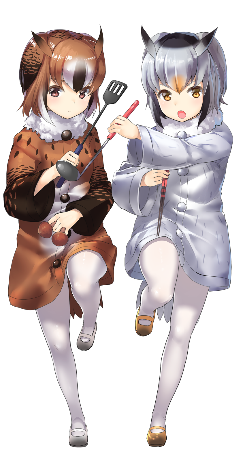 2girls :o bird_tail bird_wings black_hair blonde_hair brown_eyes brown_hair buttons chopsticks coat eurasian_eagle_owl_(kemono_friends) full_body fur_collar grey_hair head_wings highres kemono_friends ladle long_sleeves multicolored_hair multiple_girls mushroom northern_white-faced_owl_(kemono_friends) open_mouth pantyhose short_hair spatula standing standing_on_one_leg tadano_magu white_hair wings yellow_eyes