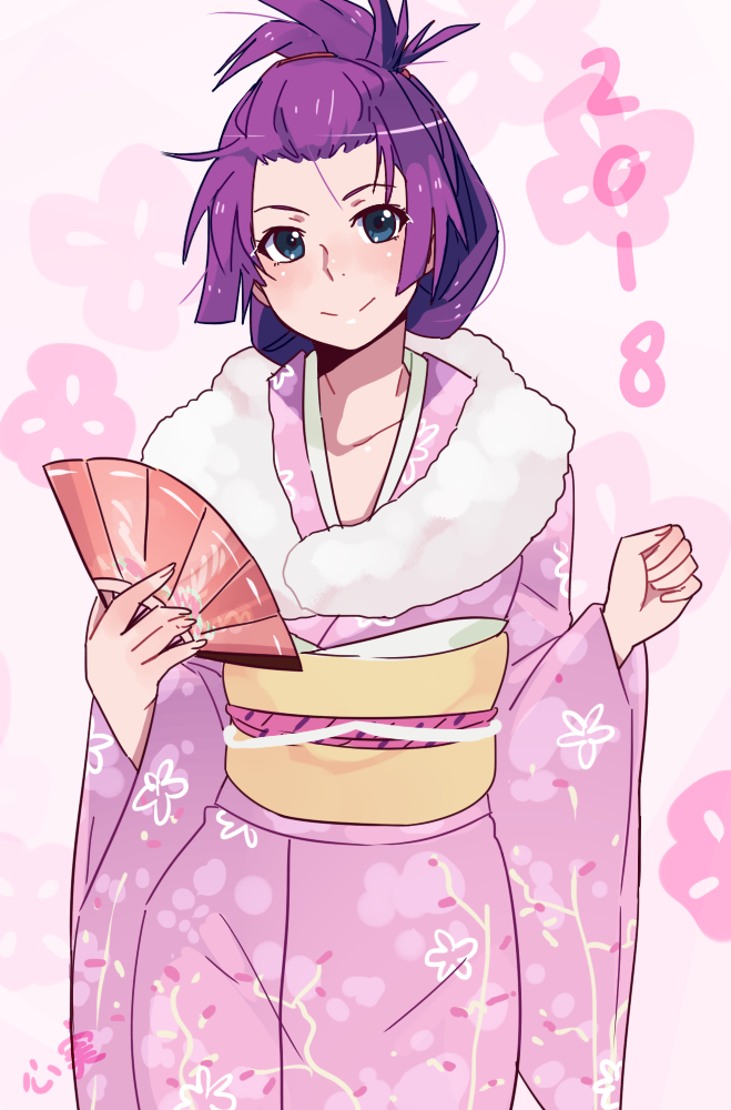 1girl bakemonogatari blue_eyes blush closed_mouth collarbone cowboy_shot dated english_commentary fan floral_background floral_print folding_fan fur-trimmed_kimono fur_trim hairstyle_request hands_up holding holding_fan japanese_clothes kimono kokomi_(aniesuakkaman) looking_at_viewer messy_hair monogatari_(series) new_year obi paper_fan pink_background pink_kimono print_kimono purple_hair sash senjougahara_hitagi shadow shiny shiny_hair short_hair sidelocks signature simple_background smile solo wide_sleeves