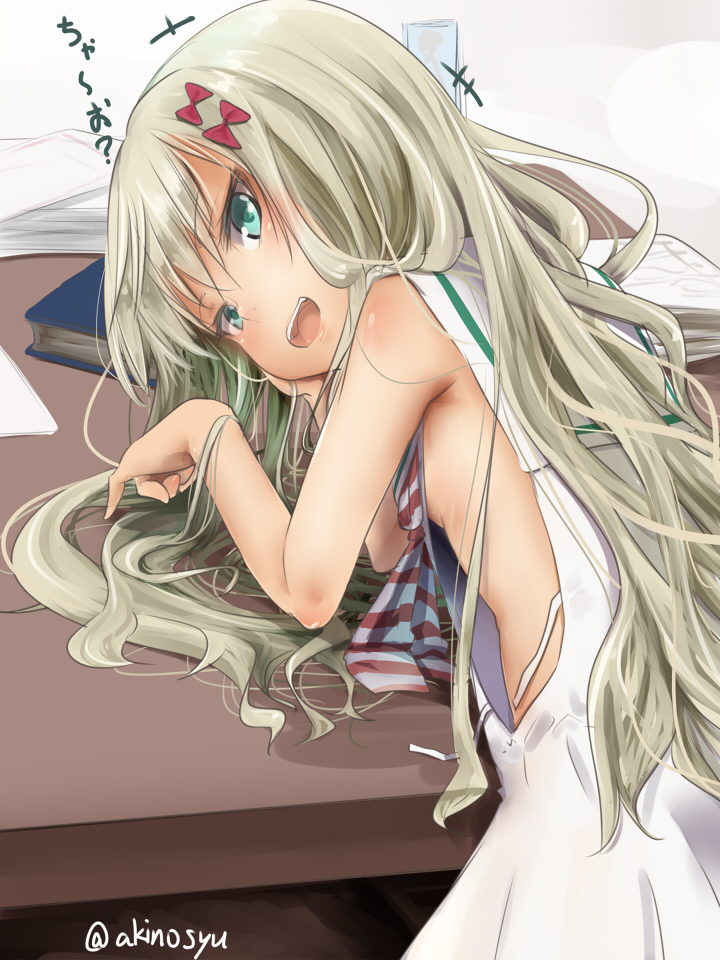 +++ 1girl :d akino_shuu bangs bare_arms bare_shoulders book bow breasts commentary_request desk dress eyebrows_visible_through_hair grecale_(kantai_collection) green_eyes hair_between_eyes hair_bow hands_up kantai_collection light_brown_hair long_hair open_mouth red_bow sailor_collar sailor_dress sleeveless sleeveless_dress small_breasts smile solo striped striped_neckwear translated twitter_username untied white_dress white_sailor_collar