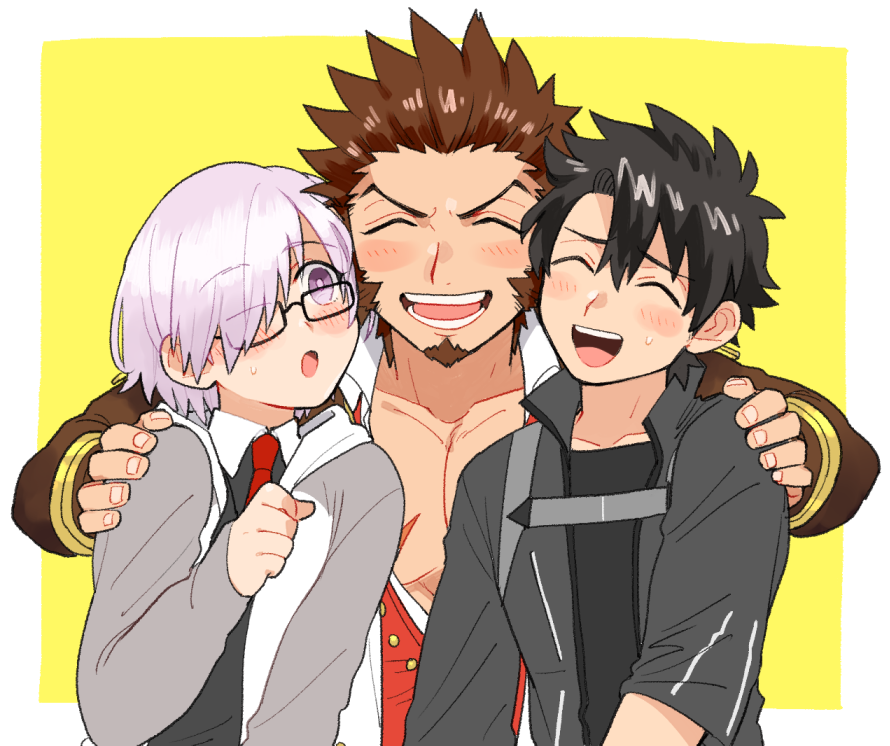 2boys beard blush brown_hair chest facial_hair fate/grand_order fate_(series) fujimaru_ritsuka_(male) glasses hair_over_one_eye hand_on_another's_shoulder long_sleeves looking_at_viewer male_focus mash_kyrielight multiple_boys muscle napoleon_bonaparte_(fate/grand_order) open_mouth pectorals purple_hair scar shitappa short_hair simple_background smile teeth upper_body