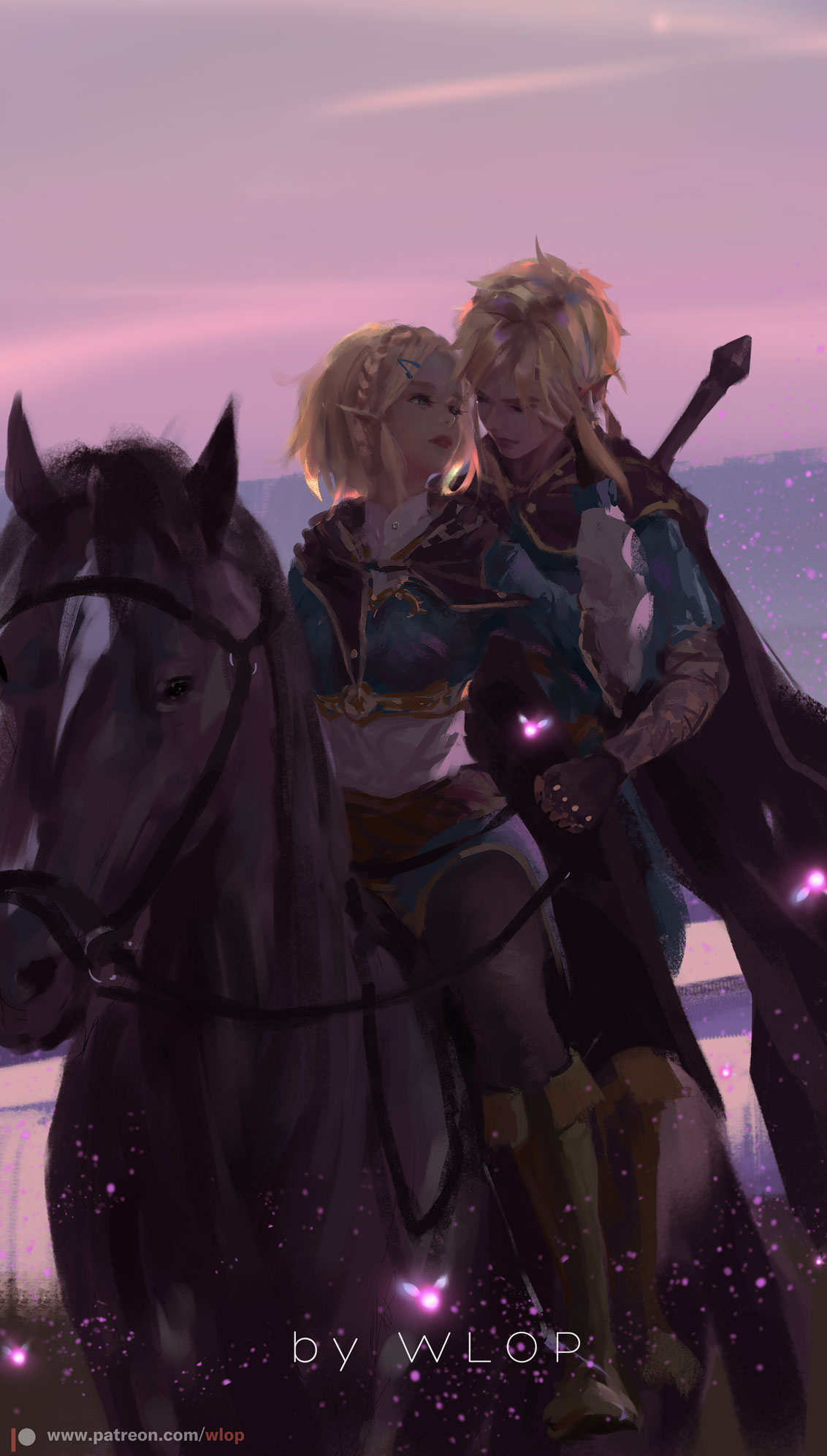 1boy 1girl 1other animal artist_name blonde_hair boots braid brown_footwear brown_gloves cape crown_braid elf epona fairy fingerless_gloves gloves hair_ornament hairclip highres hood hooded_cape horse hylian light_particles link looking_at_another nintendo nintendo_ead pointy_ears princess_zelda realistic riding saddle short_hair sword the_legend_of_zelda the_legend_of_zelda:_breath_of_the_wild the_legend_of_zelda:_breath_of_the_wild_2 weapon weapon_on_back wlop